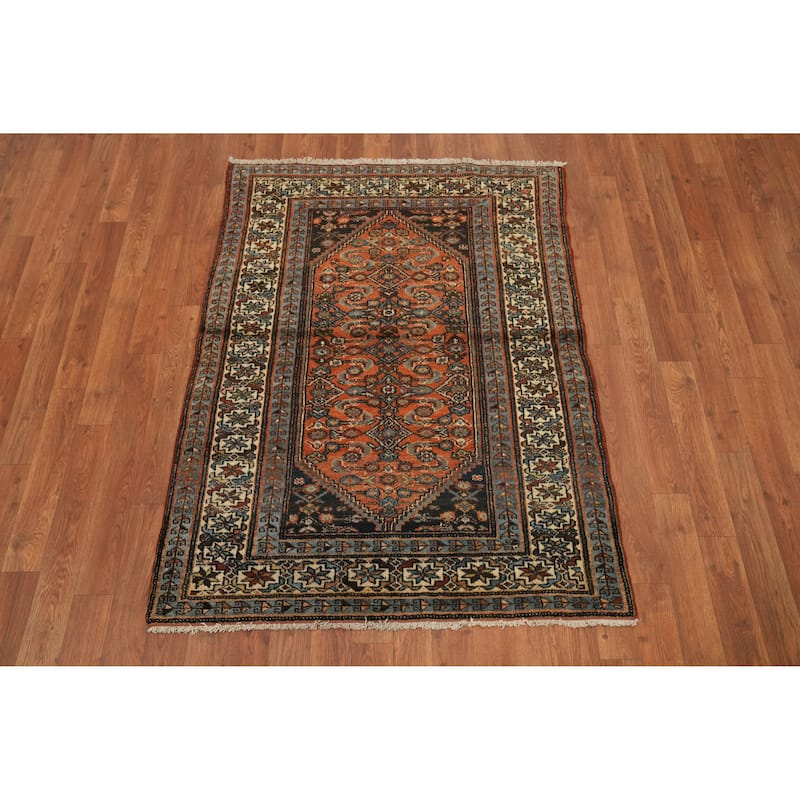 Hand Knotted Oriental 100% Wool Carpet Traditional Geometric Oranges & Rust Malayer Area Rug - 4' 4'' X 3' 2''