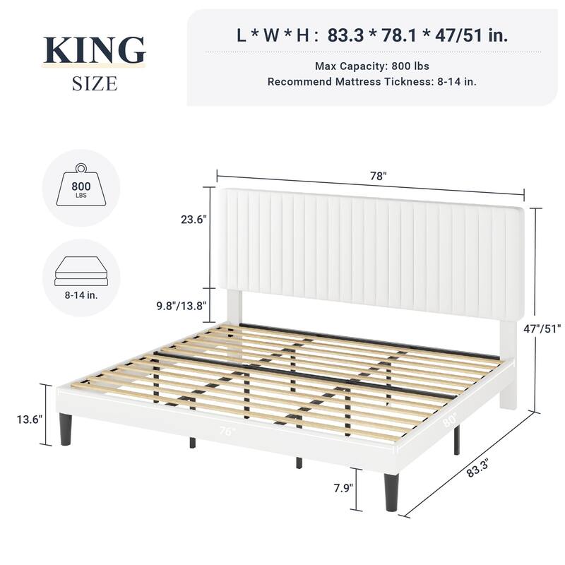 King Bed Frame, Velvet Upholstered Platform Bed with Vertical Channel Tufted Headboard, Mattress Foundation with Wooden Slats