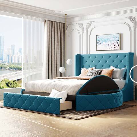 Queen Size Upholstered Platform Bed with Wingback Headboard and 1 Big Drawer,2 Side Storage Stool