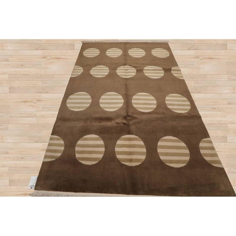 Hand Knotted Tibetan Olive Geometric Wool & Silk Art Deco Area Rug - 5' 11'' x 8' 10''
