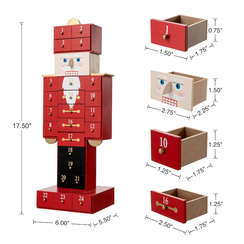 Glitzhome 17.50"H Wooden Christmas Nutcracker Countdown Calendar Decor with Drawer - Red