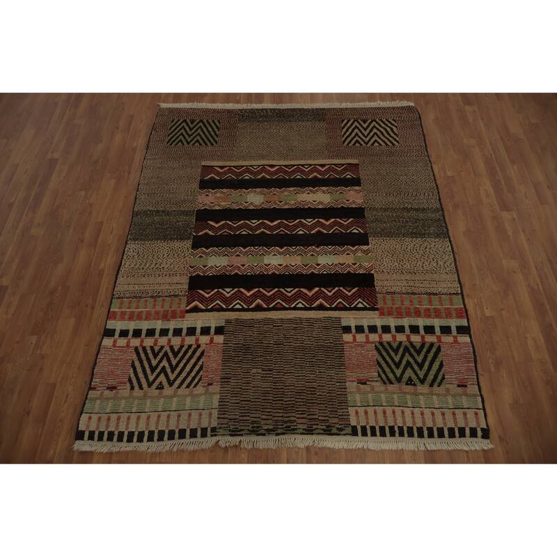 Hand Knotted Oriental 100% Wool Carpet Modern Geometric Brown Modern Area Rug - 7' 7'' X 6' 1''