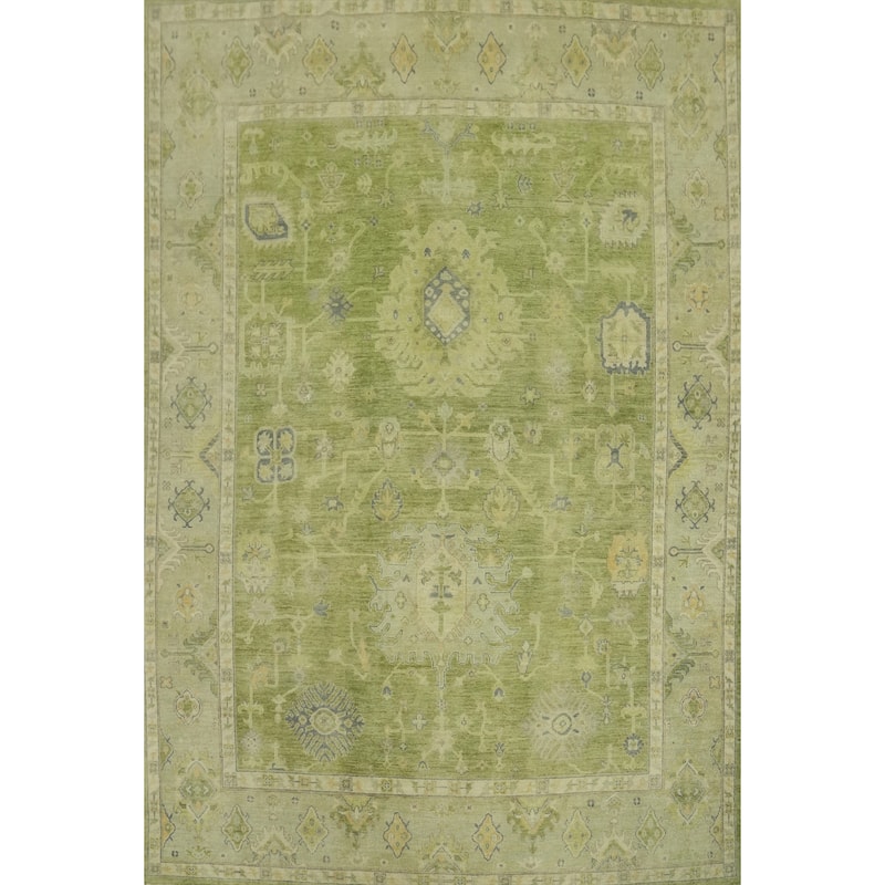 Handmade Green Oushak Vegetable Dye Area Rug, Floral Geometric Carpet - 10' 2'' X 7' 11''