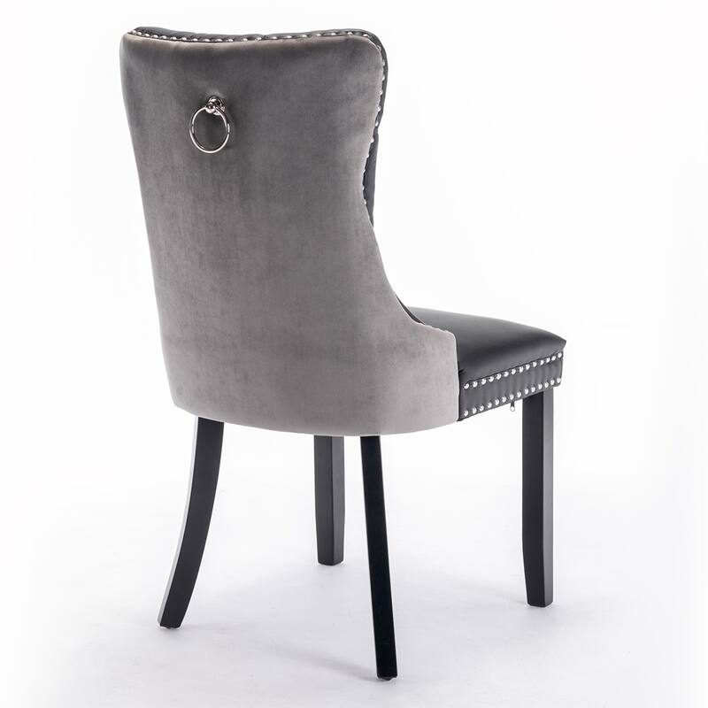 2PCS PU and Velvet Dining Chair with Wood Legs