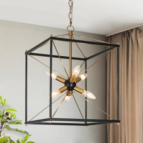 Leno Modern Contemporary 6-Light Black Gold Lantern Square Chandelier Cage Sputnik Metal Pendant Lights