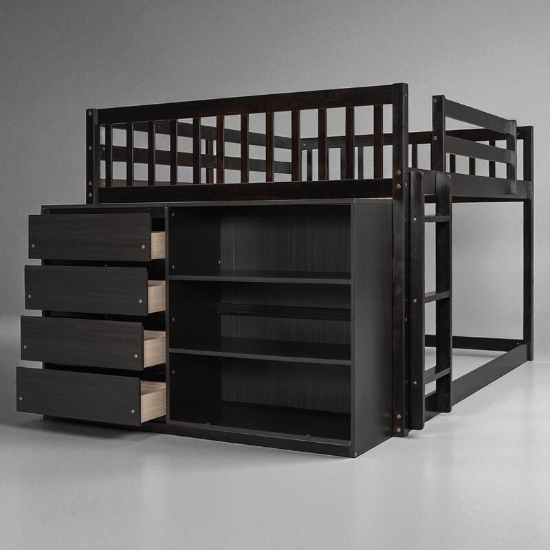 Twin over Twin or Full over Full Bunk Bed with Storage Drawers, Shelves, and Reversible Ladder