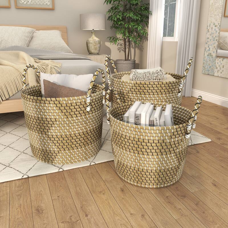 Beige Seagrass Handmade Two Toned Decorative and Functional Storage Basket with Handles (Set of 3)