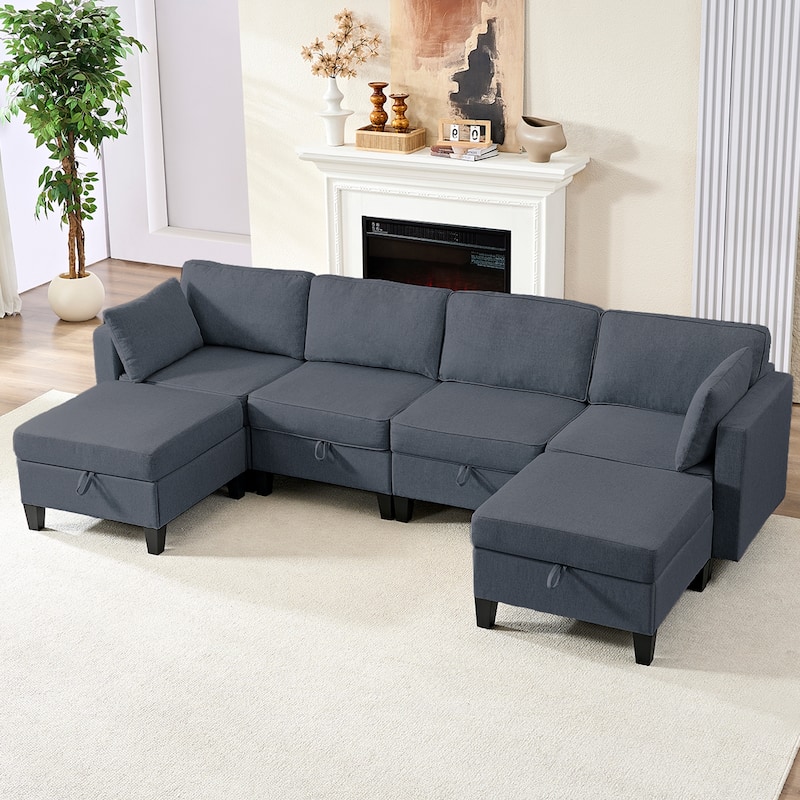 Mixoy Flexible Combination Reversible 4-Seater Modular Sofa with Ottomans,Linen Convertible Sleeper Sofa Bed with Storage Space