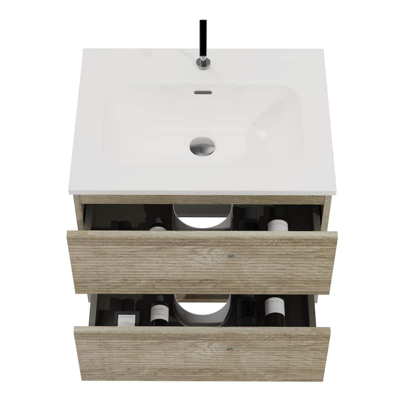 24" Wall-Mounted Bathroom Vanity with Integrated Ceramic Sink & Overflow, Large Storage Floating Vanity