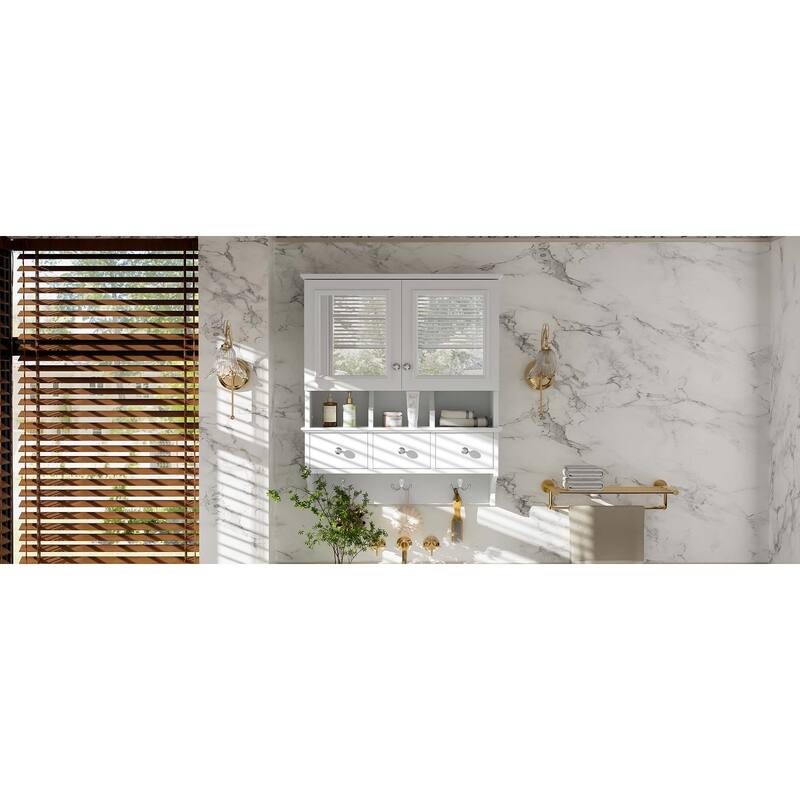 4-in-1 Bathroom Mirror Cabinet,24"Wall Mounted Medicine Cabinet with Drawers & Organizer Hooks,High-Define Mirrors with Storage