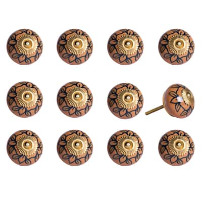 Set of 12 Hand-Painted Blue & Orange Floral Ceramic Cabinet Knobs Artisan Round Drawer Pulls with Metal Base