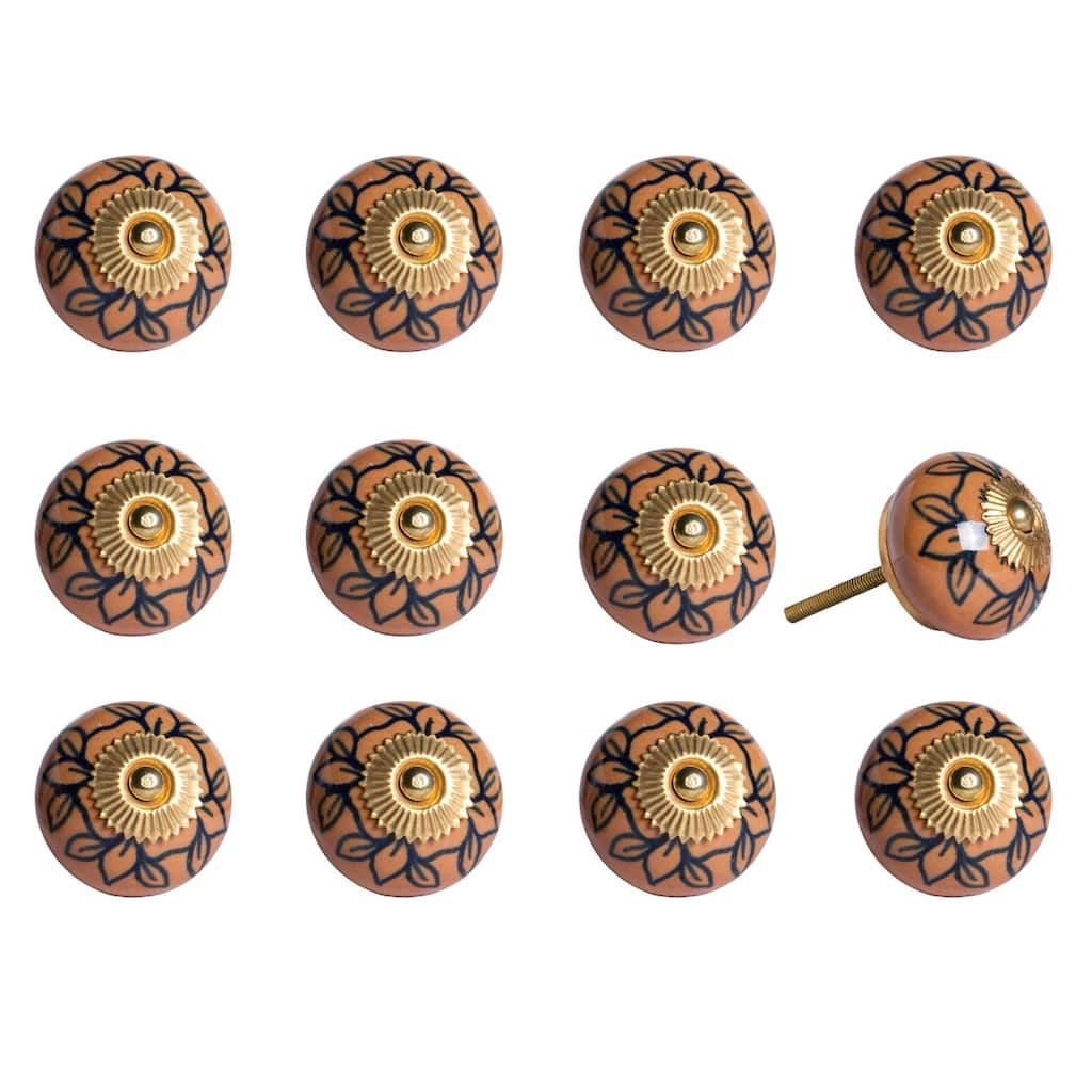 Set of 12 Hand-Painted Blue & Orange Floral Ceramic Cabinet Knobs Artisan Round Drawer Pulls with Metal Base