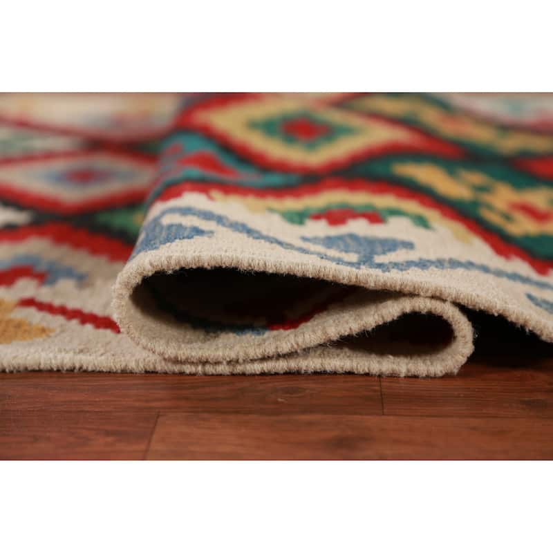 Hand Woven Oriental 100% Wool Carpet Southwestern Geometric Multi-Colored Kilim Runner Rug - 13' 2'' X 2' 9''