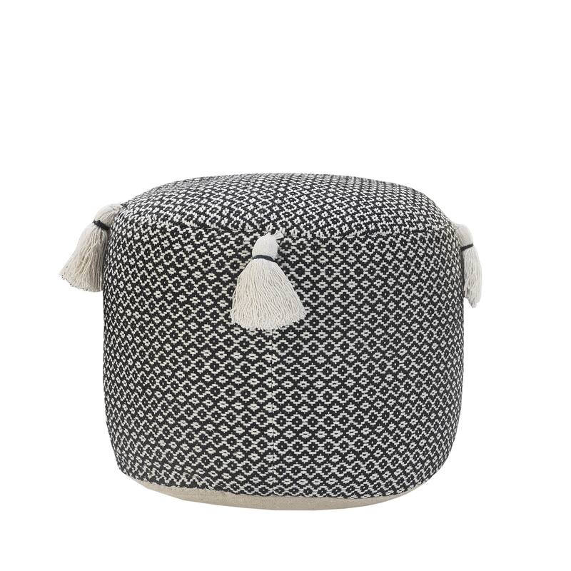 Zyad Farmhouse Black/White Geometric Handmade Round Pouf Ottoman by Sevita