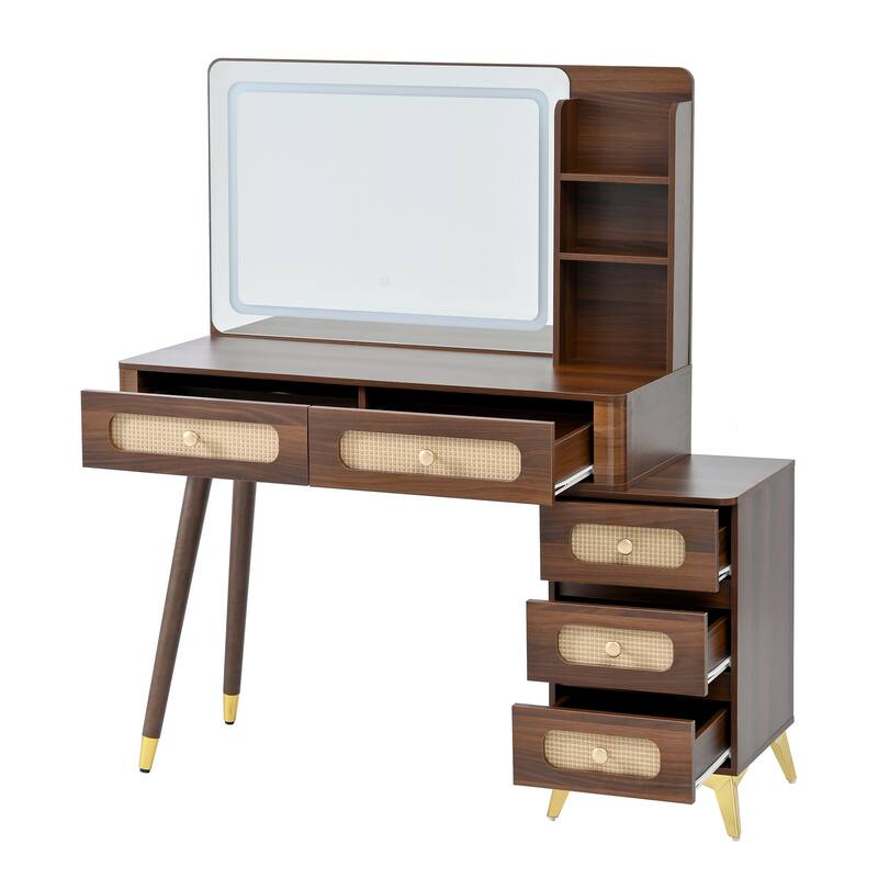 Retro Rattan Makeup Vanity Desk with 5 Drawers and Storage Shelf, Dressing Table with Rectangular Mirror and Touch Light