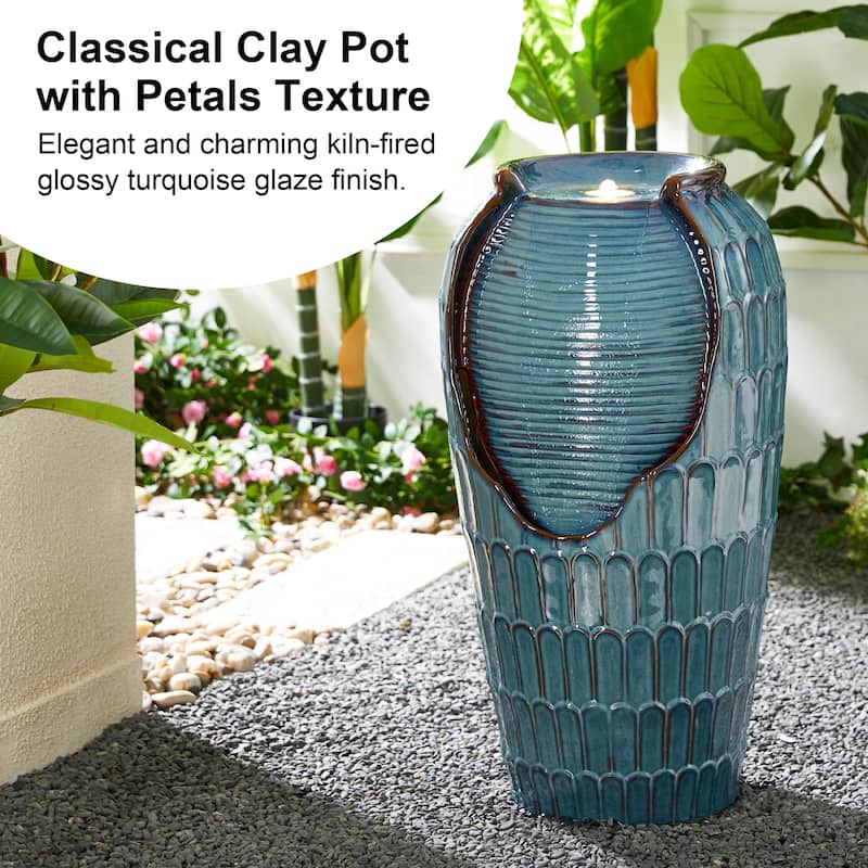 Glitzhome 28"H Oversized Petals Textured Ceramic Jar Outdoor Waterfall Fountain