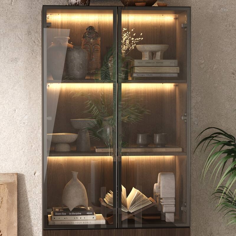 LED-Lit Wood Grain Cabinet - Configurable Storage for Home or Office