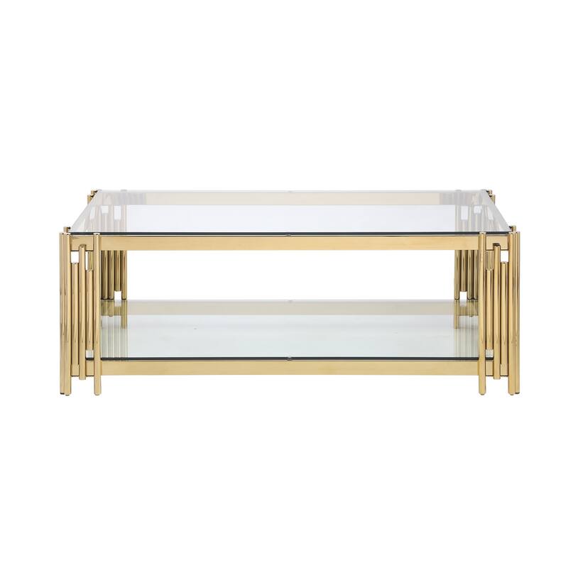 48" Wide Rectangular Coffee Table with Glass Top, Golden Stainless Steel Double-Layer Coffee Table for Living Room