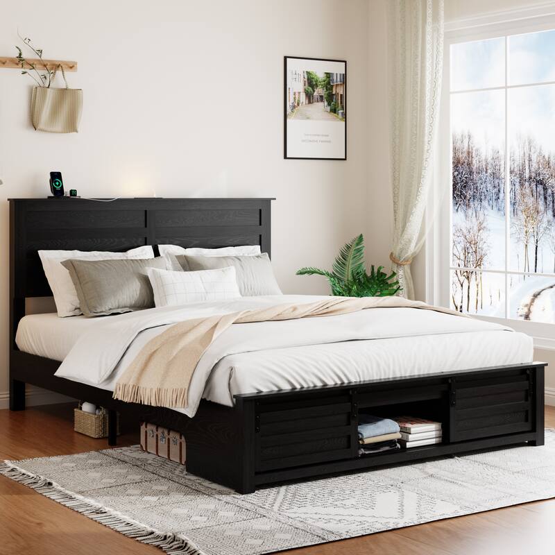 Roomfitters Bed Frame with Upholstered Headboard, Storage Headboard, Charging Station, Wood Platform