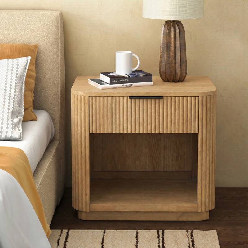 SAFAVIEH Couture Barrymore Reeded Wood 1-Drawer Nightstand - Greige Oak