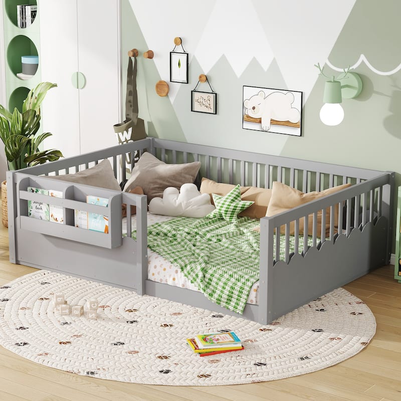 Full Floor bed with Heightened Fence and bookshelf, Wood Floor Bed for Kids - Gray