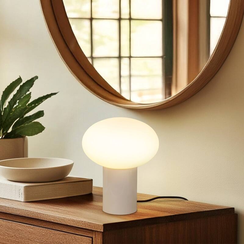 Brightech Ivy LED Glossy Off-White Cream Midcentury Round Globe Dimmable Bedside Nightstand Desk Lamp