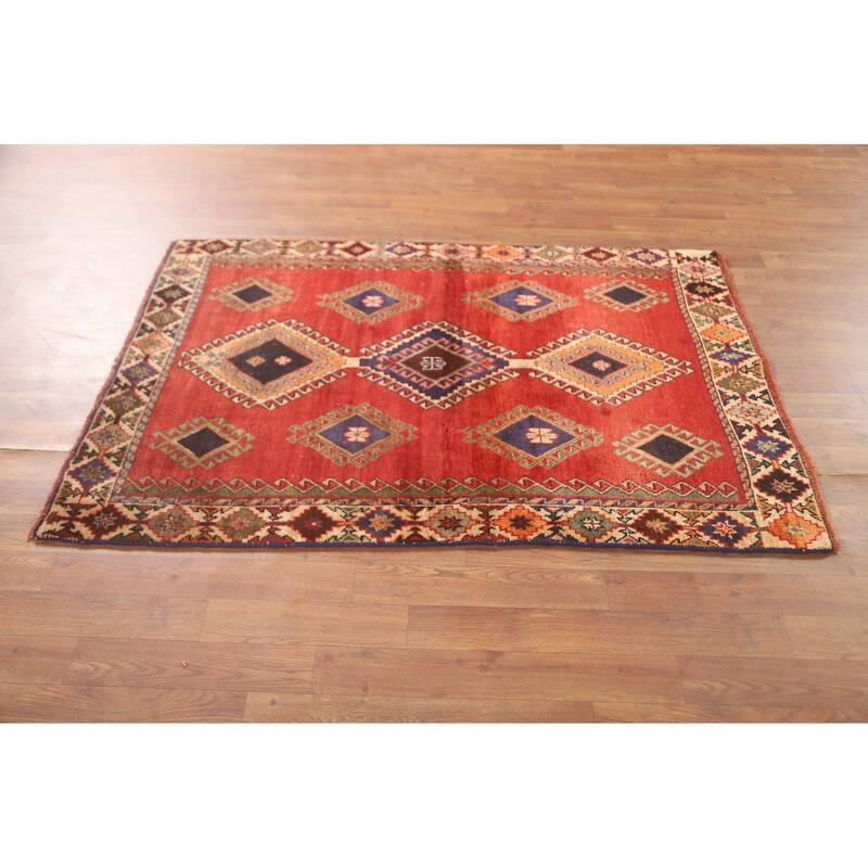 Geometric Shiraz Persian Vintage Accent Rug Hand-Knotted Wool Carpet - 3'4" x 4'11"