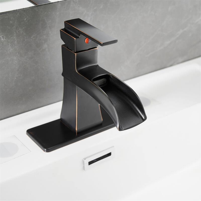 Single Hole Waterfall Bathroom Faucet with Pop-up Drain Brass 1 Handle Modern Bathroom Sink Basin Taps with Deck Plate