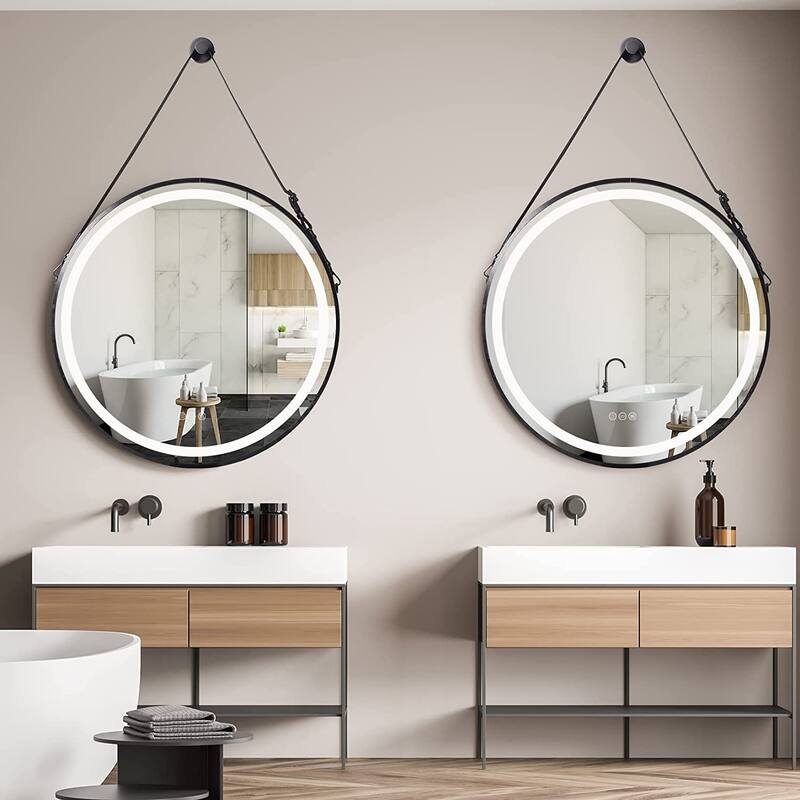 Black Metal Frame Round Mirror with LED Lights Bathroom - 24"