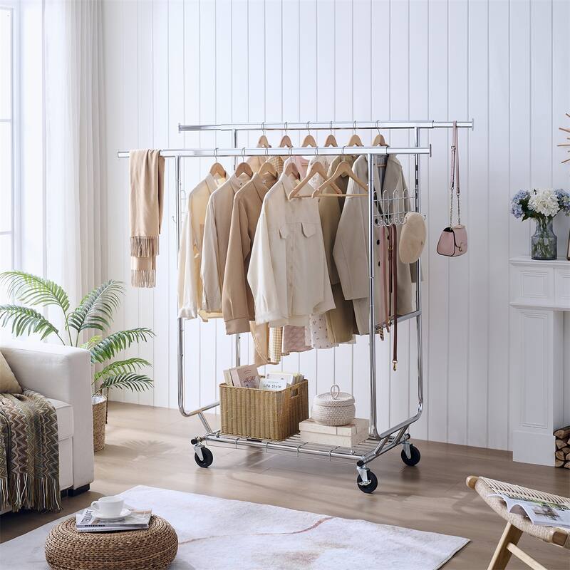 Double Clothing Garment Rack with Shelves, Wheels Rolling