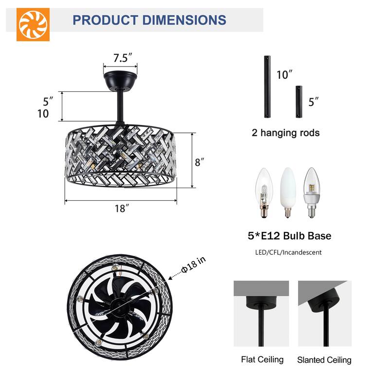 18" Crystal Cage Ceiling Fan With Remote Control ,Quiet Motor Fan Light,Indoor Crystal Chandelier Ceiling Fan