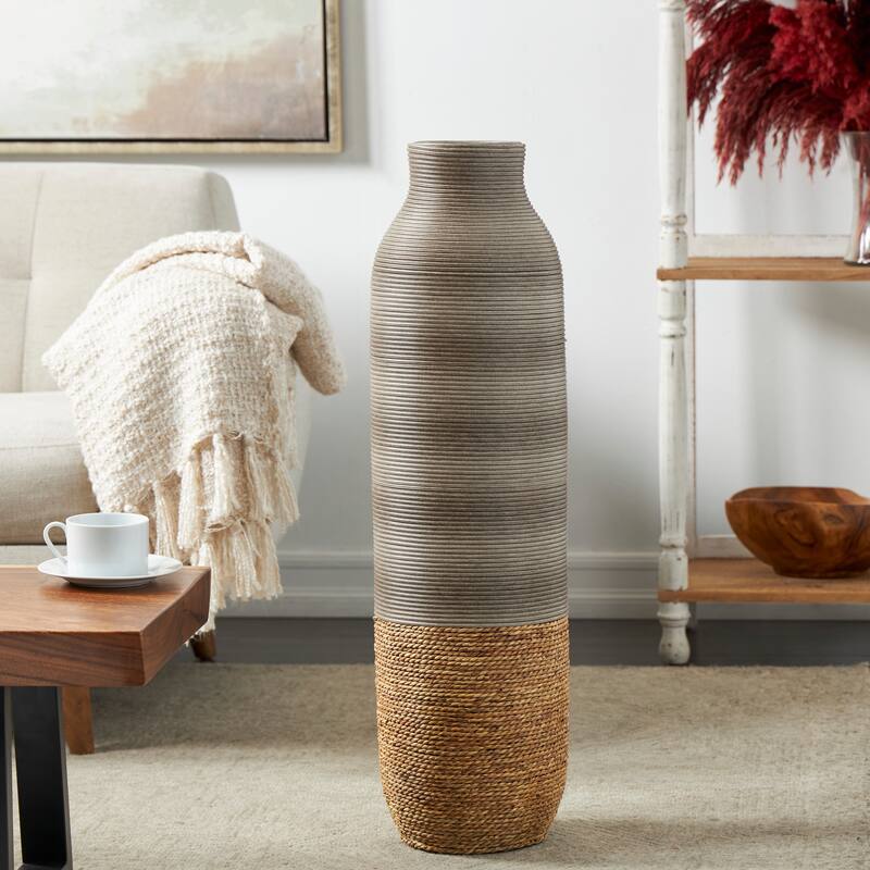 Brown Seagrass Handmade Ribbed Decorative Vase with Coiled Seagrass Base - Brown