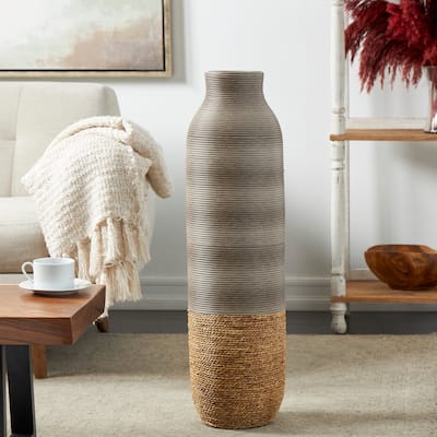 Brown Seagrass Handmade Ribbed Decorative Vase with Coiled Seagrass Base