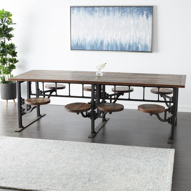 Brown Teak Wood Dining Table with Two, Four or Eight Attached Seats