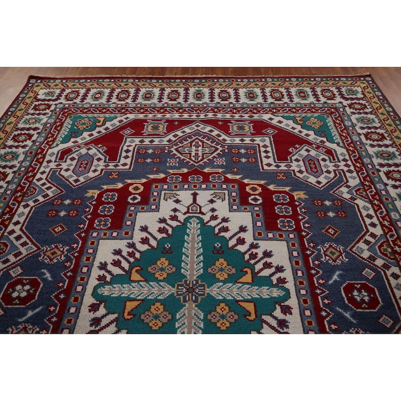 Geometric Kazak Area Rug Hand-Knotted Blue Oriental Wool Carpet - 8'10" x 11'8"
