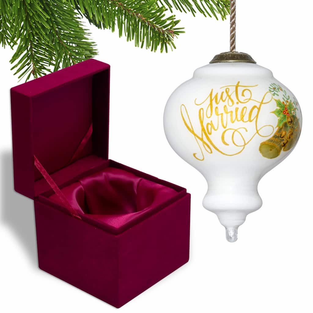 Authentic Just Married Hand Painted Mouth Blown Glass Ornament - 3.75" x 2.75" x 2.75"