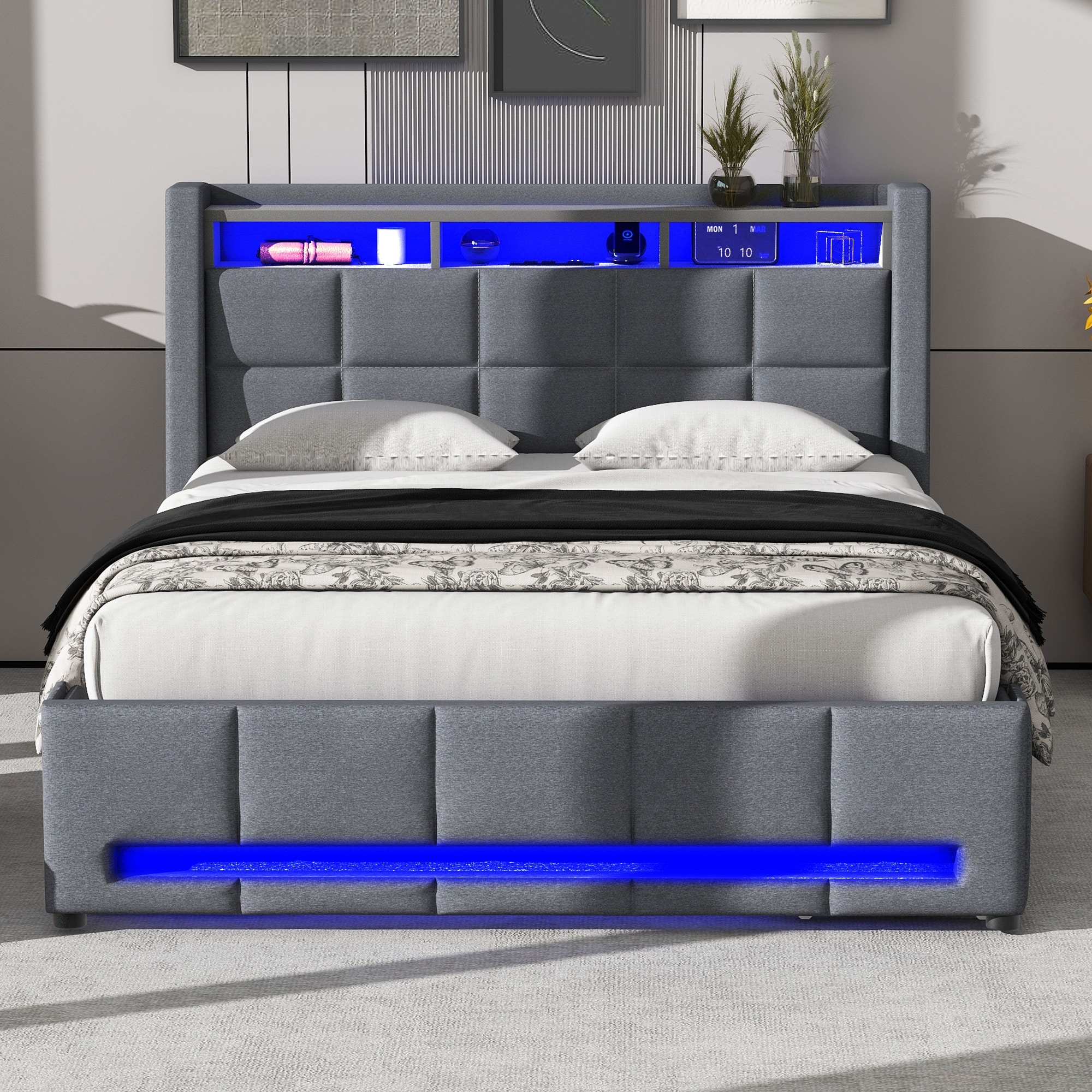 Full Size Upholstered Platform Bed with Multiple Storage,LED & USB Charging