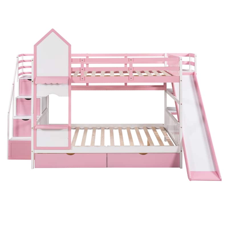 Castle Style Bunk Bed with 2 Drawers 3 Shelves and Slide