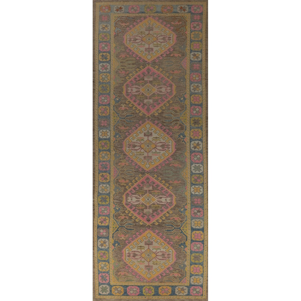 Hand Knotted Oriental 100% Wool Carpet Transitional All-Over Brown Oushak Area Rug - 20' 1'' X 5' 11''