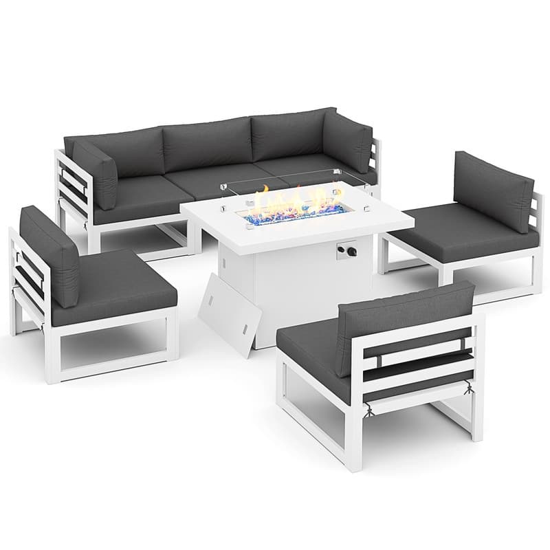 FINCATI 7 Piece Aluminum Outdoor Furniture Set with Propane/Natural Gas Fire Pit Table, 29" Wide Outdoor Sectional Sofa for 6