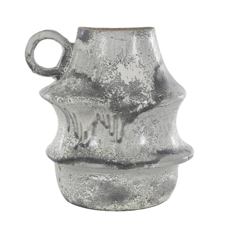 Light Gray Paper Mache Distressed Fluted Decorative Vase with Light Gray Texturing and Ring Handle