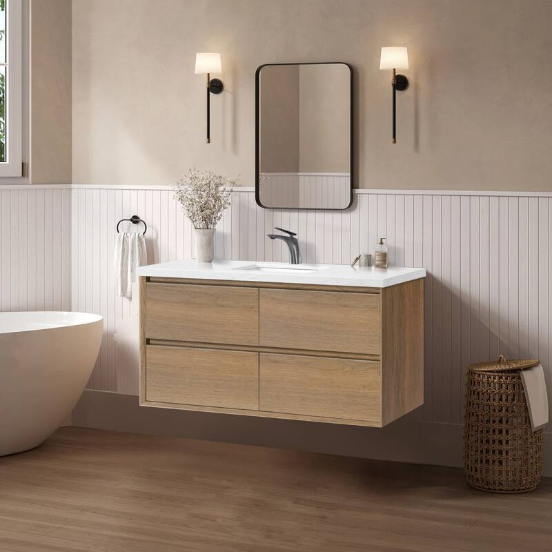 NebulaSky 24/ 30/ 36/ 48 in Wall Mounted Single Sink Bathroom Vanity with Engineered Stone Top Combo Cabinet Vanity Set
