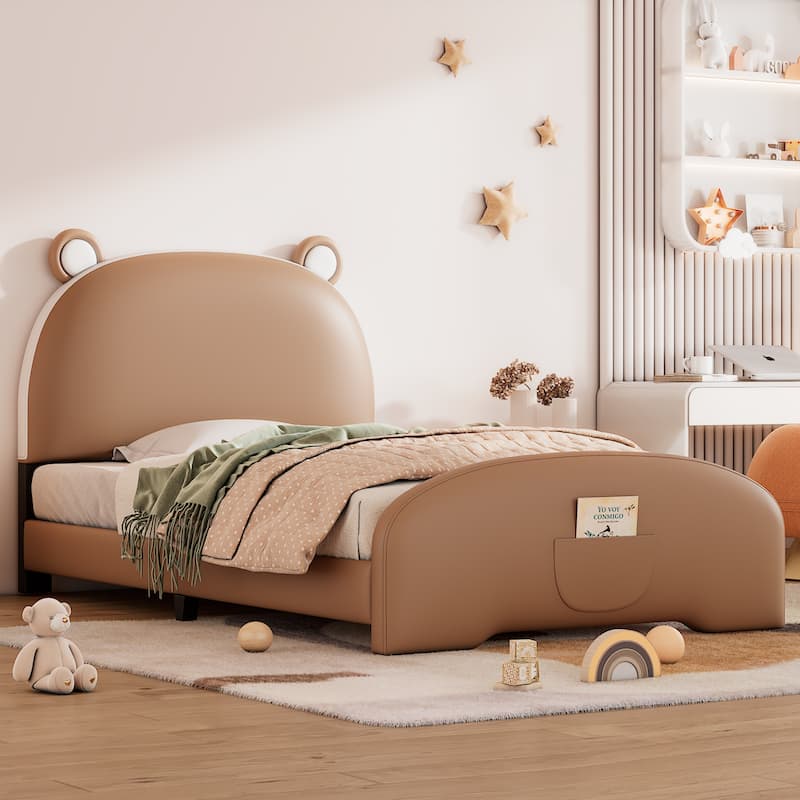 Upholstered Platform Bed with Bear-shaped Headboard and Footboard