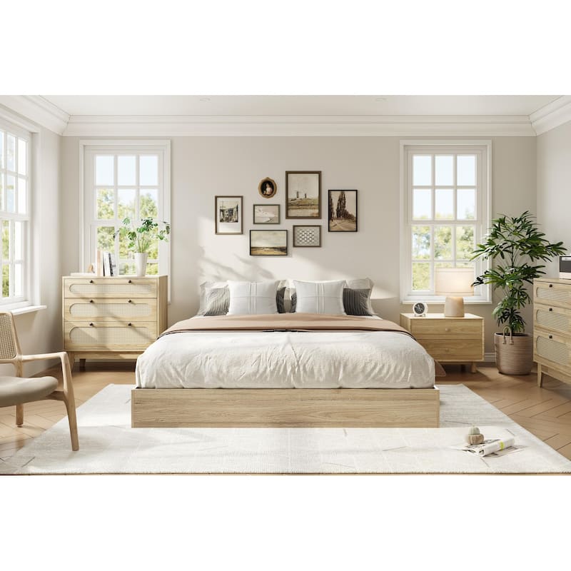 Solid Wood Platform Bed, Floor-Standing Bed Frame with Strong Wooden Slats