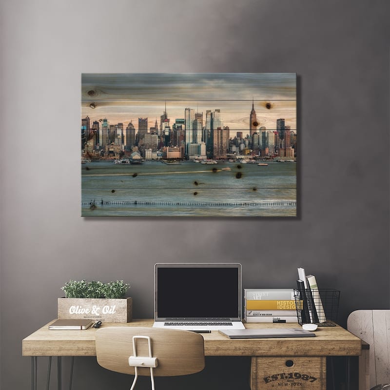 Manhattan Skyline Along The Hudson River, New York City, Usa Print On Wood by Jan Becke - Multi-Color