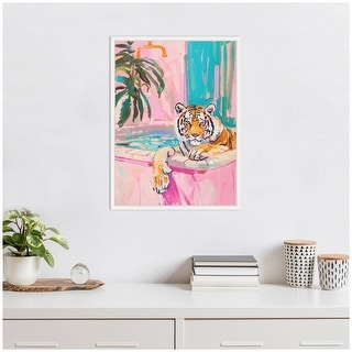 Kate and Laurel Sylvie Tiger Bathtub Vibrant Dopamine Decor Framed