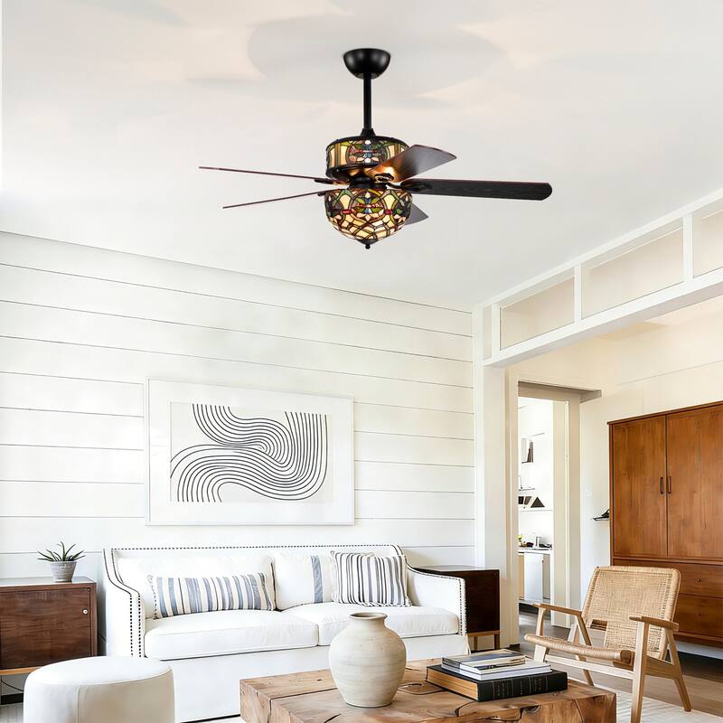Parponk 52-Inch Flushmount Two-Tiered Lighted Ceiling Fan Green Hatch Tiffany Glass Lamp Black Finish