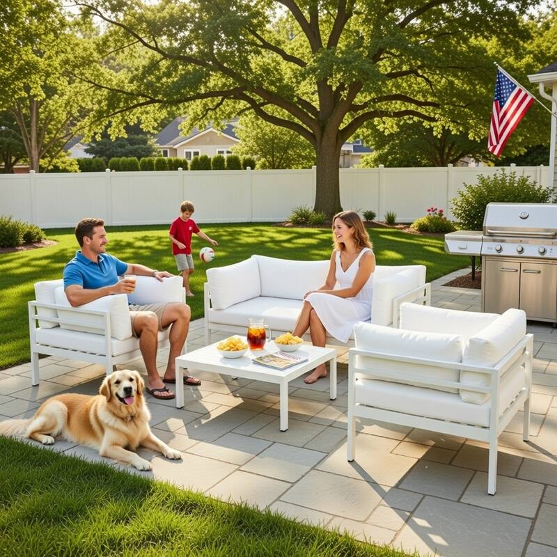 3 Piece Sectional Outdoor Metal Sofa Set with Table, White