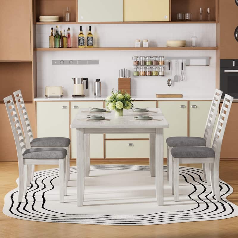 VECELO Solid Wood Dining Set Matte Gray Rubberwood Dining Set with 4 High-Back Chairs Modern Farmhouse 5-Piece Set