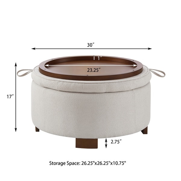 dimension image slide 8 of 10, 30" Round Boucle Storage Ottoman with Reversible Tray Lid & Wood Legs